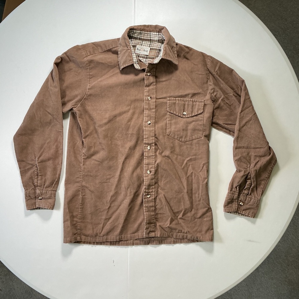 VTG USA Made Durable Workwear 70s Royal Knight Corduroy Shirt Mens M Brown